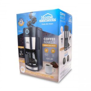 HE-6359 Cafetera Eléctrica con MOLEDOR de Café HOME ELEMENTS 12 Tazas Negra-Acero Inox. Jarra de Vidrio