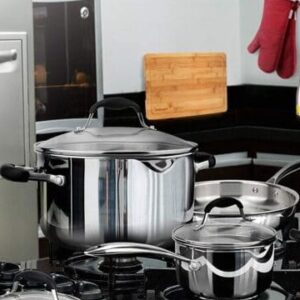 A-2605 / COMBO de ollas en ACERO INOXIDABLE Avacraft: 3 Capas / 5 Piezas / Tapas de Vidrio